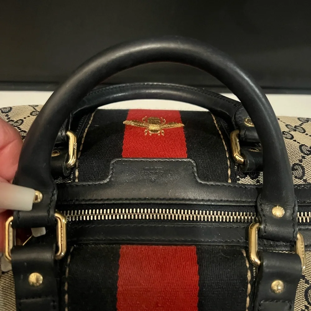 Gucci Beige GG Canvas Satchel with Red and Navy Web and Gold Bee - Picture 8 of 10